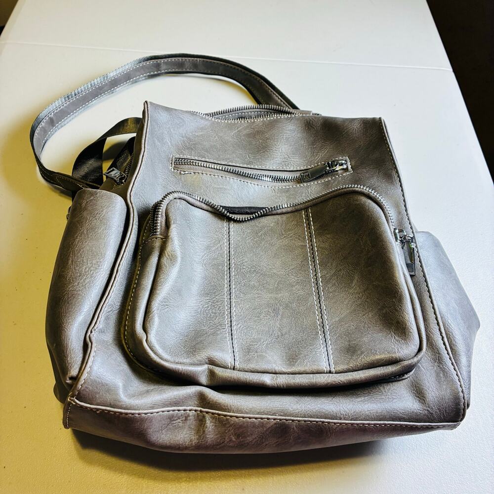 Modern+Chic Gray Faux Leather Diaper Backpack Travel Laptop Bag Multi Pocket